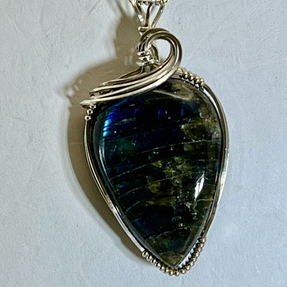 Handmade Jewelry - Blue and Sterling Silver Labradorite Necklace with Intricate Wire Wrap